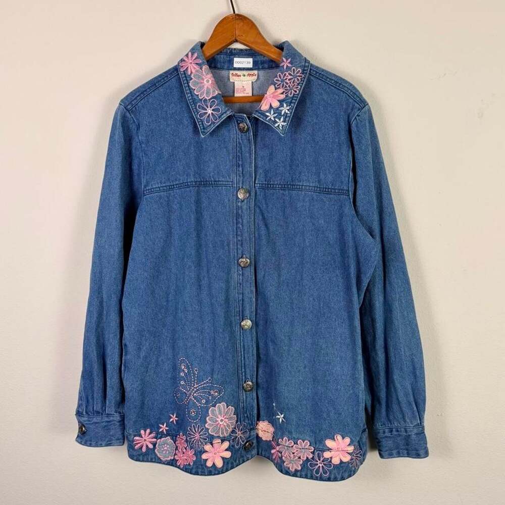 Vintage Denim Chore Coat Cutesy Pink Embroidered Butterfly Floral Preppy